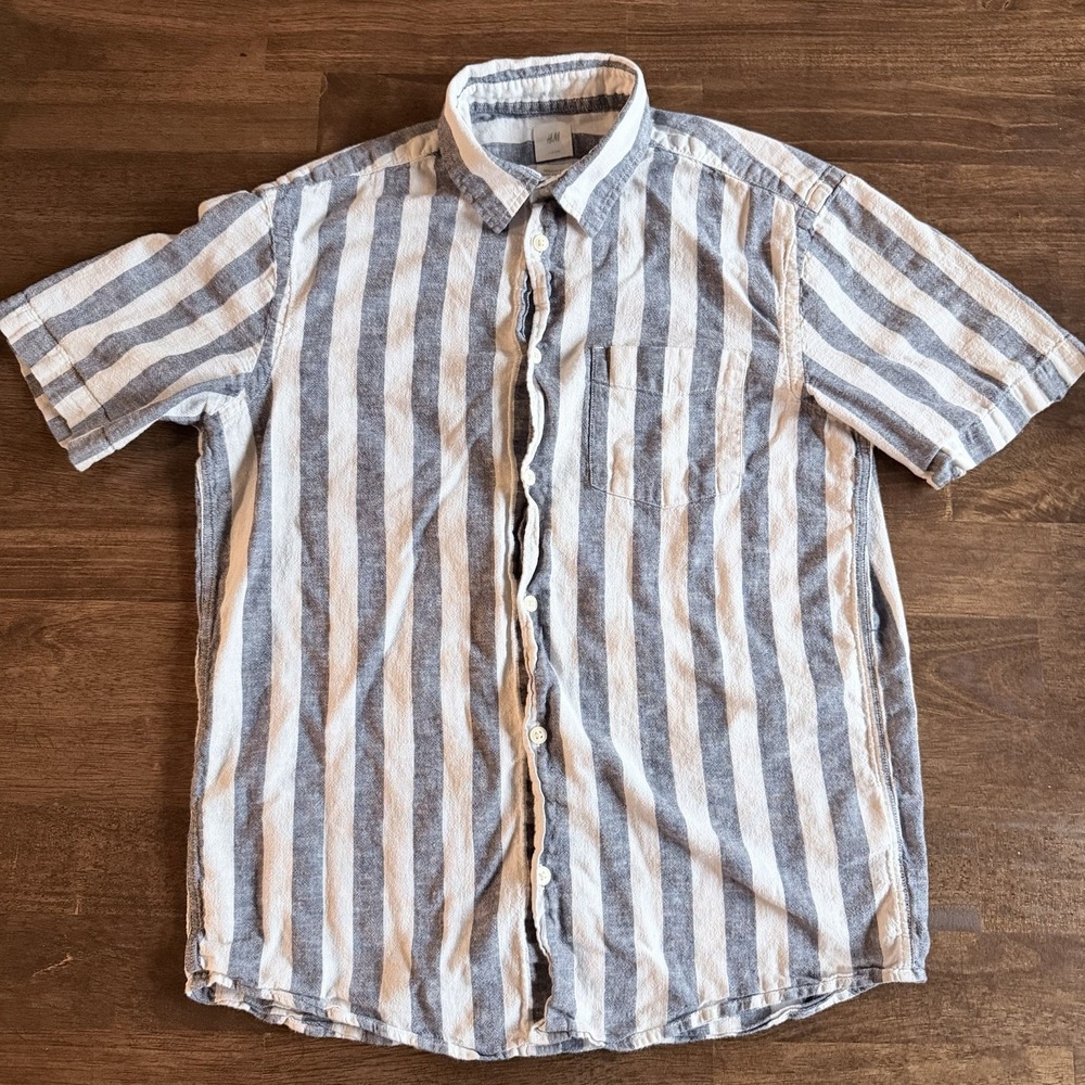 H&M Button Up Shirt Men's Small Blue Stripe Regular Fit Cotton Linen Blend